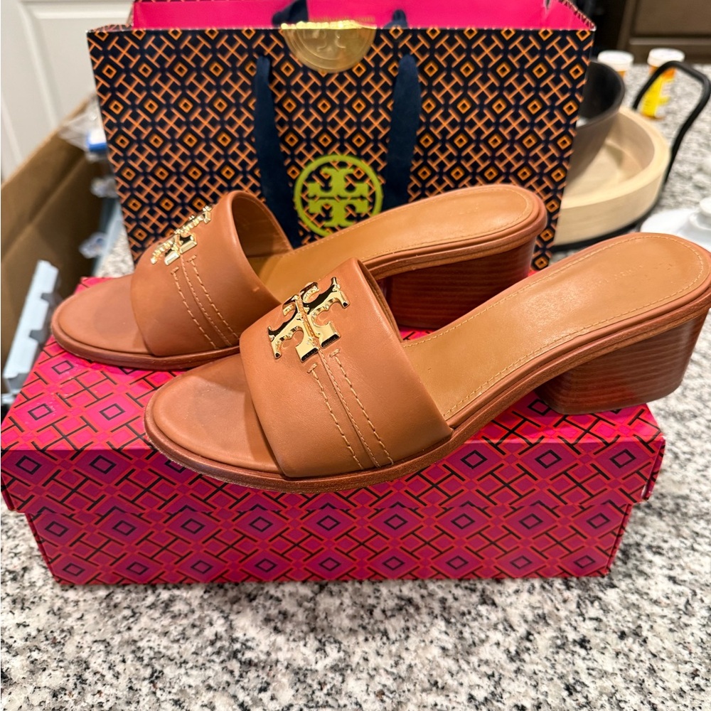 Tory Burch Everly Tan Leather Mules with Gold Accent